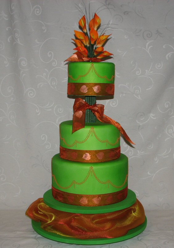 Green and Orange Wedding Cake orange arum lilies